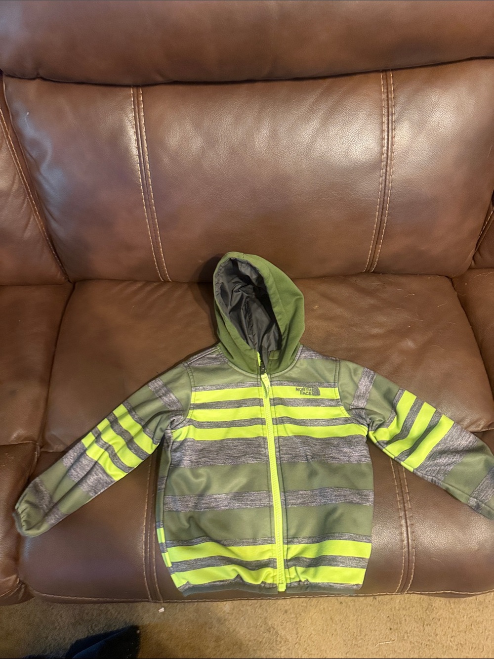 The North Face Reversible Kids Green & Neon Yellow Striped Hooded Zip Jacket